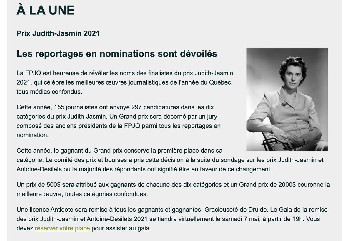 Félicitations à Catherine Dubé, journaliste chez Châtelaine, pour sa nomination aux prestigieux prix Judith-Jasmin pour le reportage Quelle justice après #moiaussi ?, publié dans le numéro janvier/février 2021.

Pour lire le reportage: bit.ly/3qws0M7