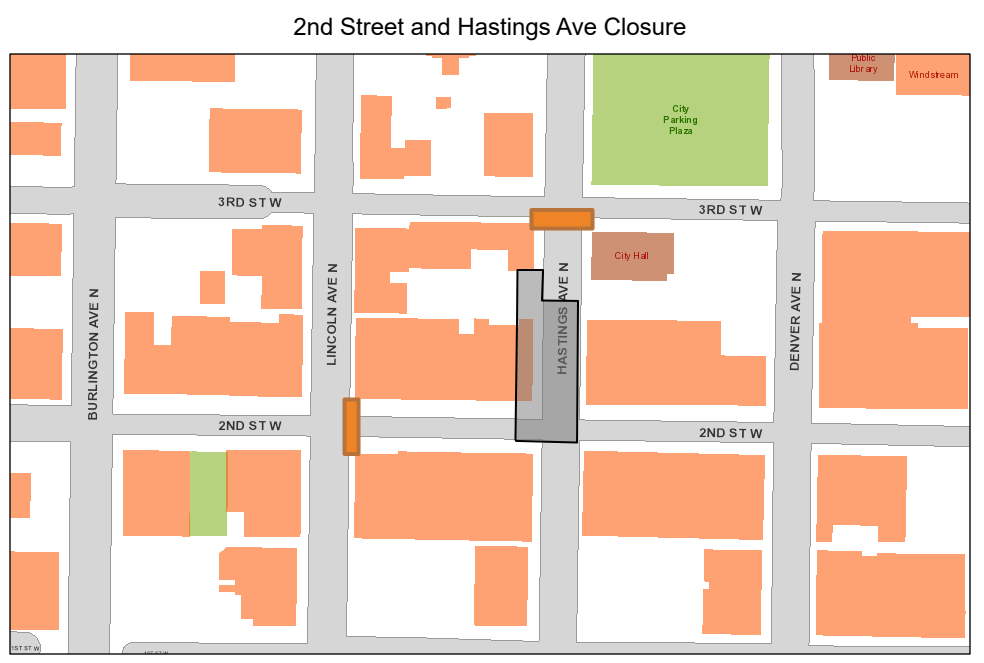 Sidewalks in the area of the downtown Bert's Pharmacy are closed effective immediately. 2nd Street beginning at Lincoln Avenue and Hastings Avenue beginning at 3rd Street will close to traffic beginning tomorrow morning (Friday).

More information here: cityofhastings.org/news/latest-ne…
