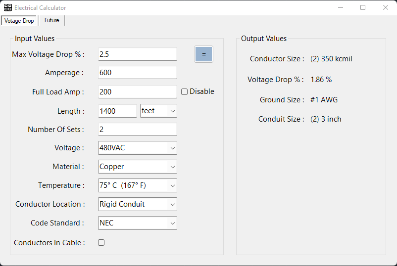 Improved my Voltage Drop Calculator to include an optional Full Load Amperage in the calculation.
#csharp #electrical #Engineering  #calculator