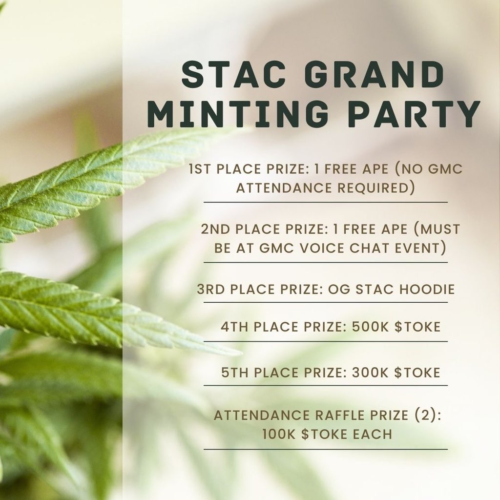 Our Mint Party is coming to a close soon‼️Keep an eye out for when we start our Grand Minting Ceremony👀
💨We will be doing tons of giveaways to celebrate another $10,000 GIVEAWAY &amp; another ELITE HIGH APE 🔥🔥Now is the time to mint‼️#STAC #nft #nfts #FreeNFT #nftgiveaway
