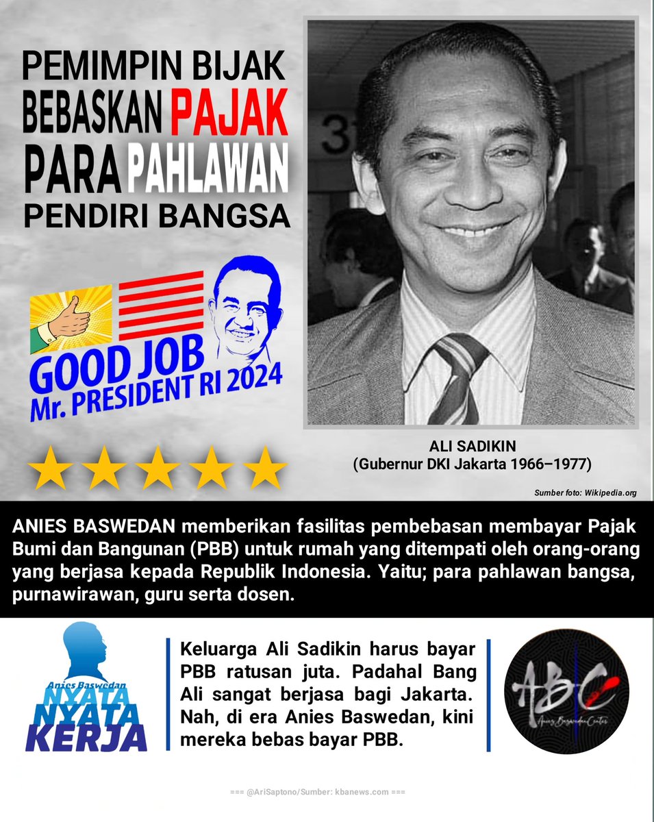 Keluarga Ali Sadikin mantan Gubernur DKI Jakarta harus bayar PPB Rp. 180 juta/thn. Padahal Bang Ali sangat berjasa bagi Jakarta.

Nah, di era <a href="/aniesbaswedan/">Anies Rasyid Baswedan</a> mereka kini bebas bayar PBB.

Good job 👍 Mr. President RI 2024 !

#AniesBaswedan #NyataNyataKerja #AniesBaswedanCenter