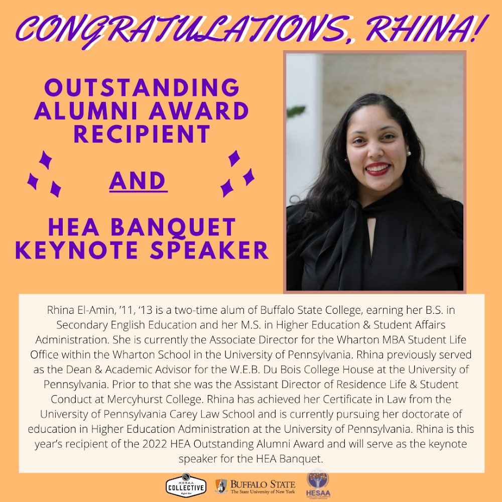 buffalostatehea's tweet photo. Congratulations, Rhina, on being named both the recipient of the Outstanding Alumni Award and selected as the HEA Banquet Keynote Speaker!

We are so proud of you and all of your accomplishments! 🎉🧡 https://t.co/vhEJHJi32O
