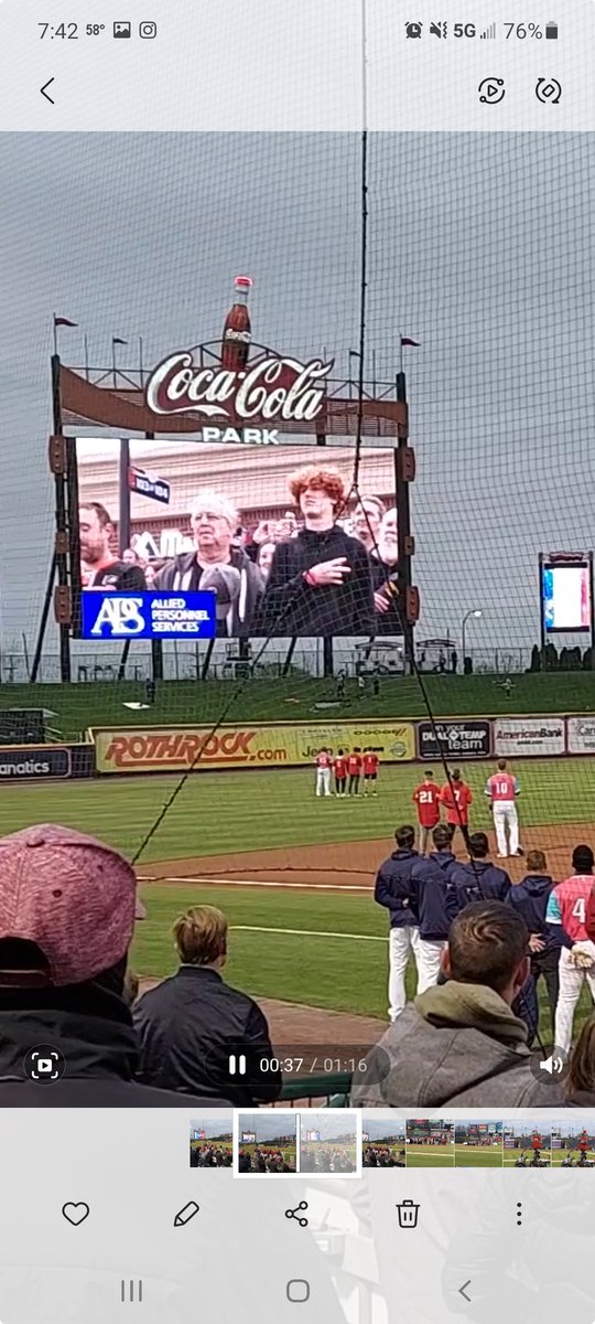 marymac102's tweet photo. @IronPigs.  I'm calling this #grandmagedden.   My granddaughter singing the Anthem with #SauconValleyMSChoir and my grandson caught on camera.  #Go Pigs! https://t.co/CmHEmuYvka
