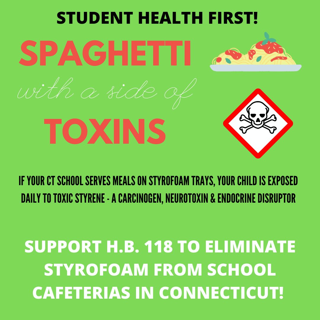 CenterEnvHealth's tweet photo. #Styrofoam has no place in CT schools! This toxic material is a probable carcinogen, neurotoxin and endocrine disruptor. Toxic styrene migrates into hot and acidic school lunch #food, or students ingest it directly when foodware is scraped.
Children's #health comes first! #SB118 https://t.co/jNbKeDi3BX