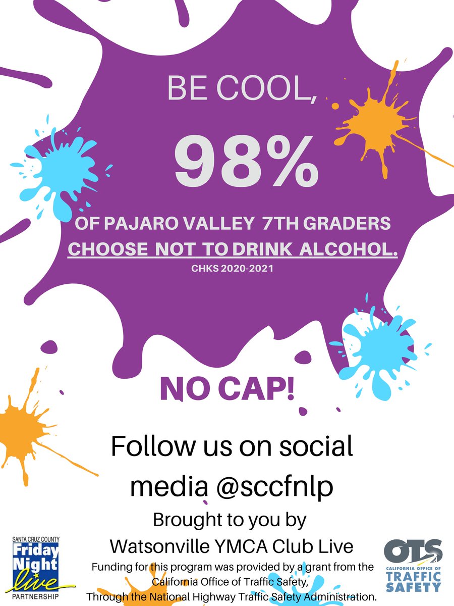 Be Cool Y'all!

98% of Pajaro Valley 7th Graders Choose NOT to Drink Alcohol.

NO CAP!

#positive #youthdevelopment #youth #becool #nocap #teen #drinkingprevention #underagedrinking #alcohol  #sober