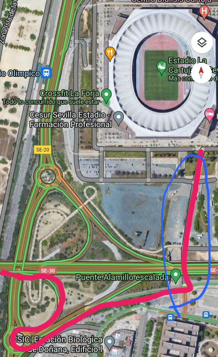 Alpyrio's tweet photo. Según Alarcón el @RealBetis llegará al @EstadioCartuja desde la SE30, pasara por debajo donde está el rocodromo y es en la zona que señalo en azul la que se debe convertir en lo que fue los aledaños del Calderón en 2005.
RETWEETEA!!
#FinalCopaDelRey #RealBetis #BetisValencia https://t.co/uSMubDDgL7