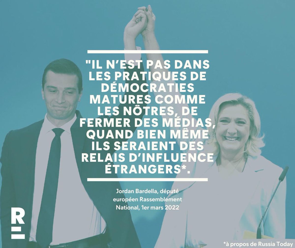 Lorsque <a href="/J_Bardella/">Jordan Bardella</a> parle de pratiques démocratiques c’est pour défendre la chaîne conspirationiste Russia Today, c'est pour qu'elle continue à diffuser les mensonges du banquier du kremlin de <a href="/MLP_officiel/">Marine Le Pen</a>. 

#NiMarineNiLePen #MarinePoutine 
#JeVoteMacronAuDeuxiemeTour