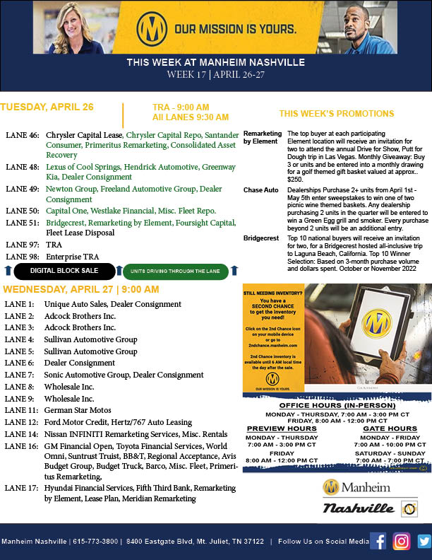 Manheim_NASH's tweet photo. Here is 2,000+ reasons to check us out this week!
Tuesday | 9:00 AM CT
Wednesday | 9:00 AM CT
Inventory ➡ https://t.co/pGCr1mJMi4
#CoxAutomotive #Manheim #ManheimNashville https://t.co/06G7CBfC3v