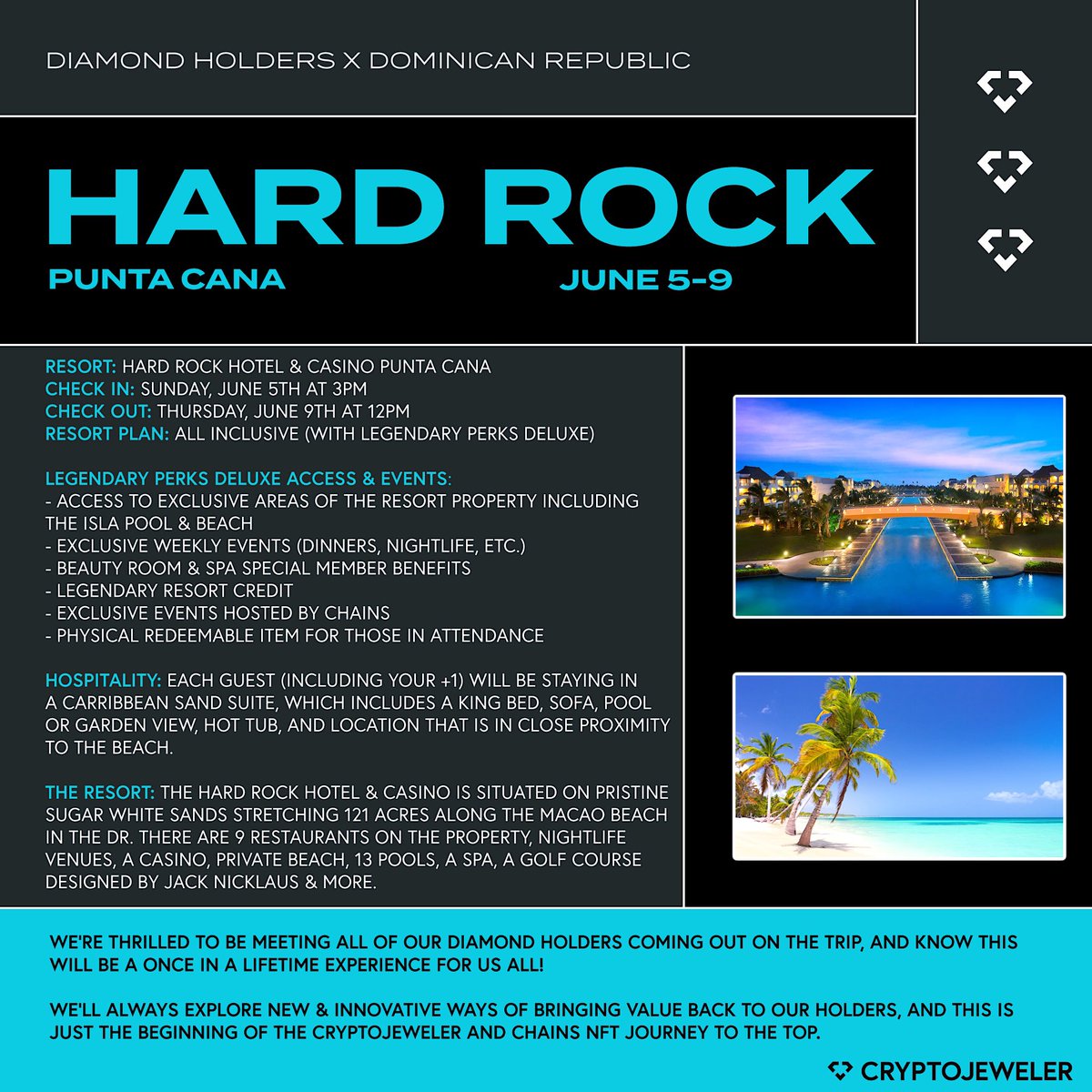 Our diamond holders will be on a beach in the Dominican this June with a +1 🏝☀️

This is real value &amp; utility. 

What are you getting from your NFTs?
