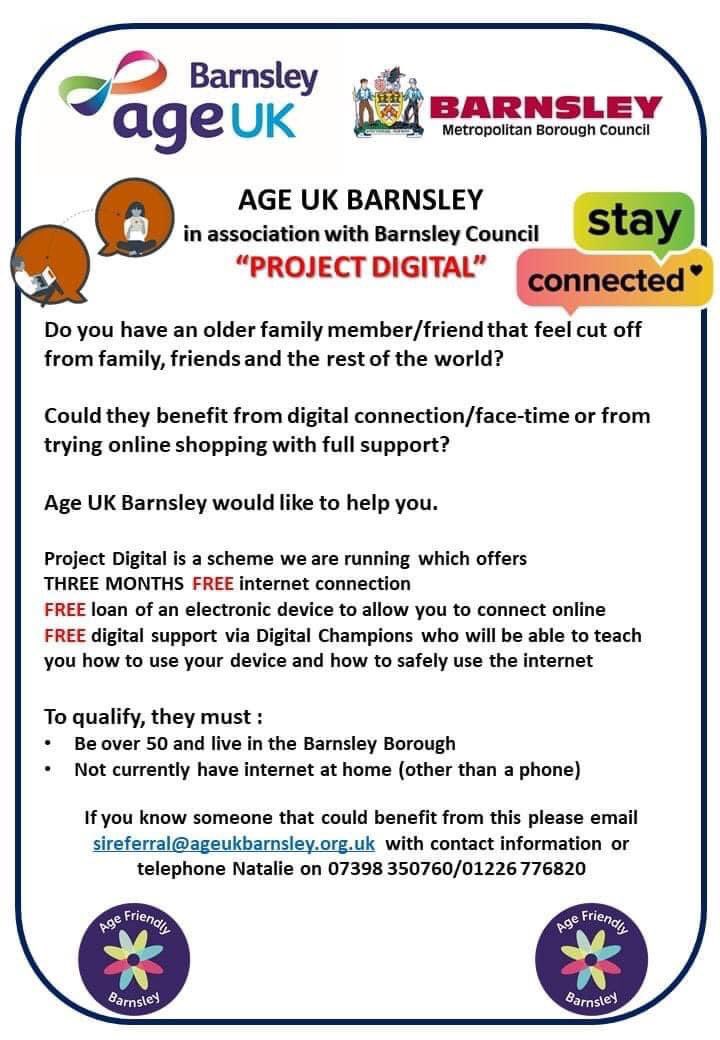 Are you or anyone you know, over 50 and would benefit from some digital support? Technology is advancing at a rapid pace and it can be quite daunting. You can get a loan of a FREE electronic device and 3 months FREE internet, as well as one to one support! 

#AgeFriendlyBarnsley