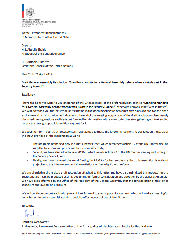 Liechtenstein has circulated the below letter on behalf of 57 cosponsors of the #VetoInitiative, sharing the revised draft resolution and informing that the General Assembly will consider the draft on 26th April, in the morning (10am).