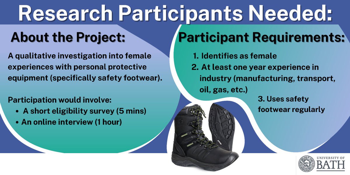 We are undertaking a qualitative study of females in industry that wear safety footwear and other PPE. If this is you, please could you complete our short survey or forward on to others: bathreg.onlinesurveys.ac.uk/ppe-study