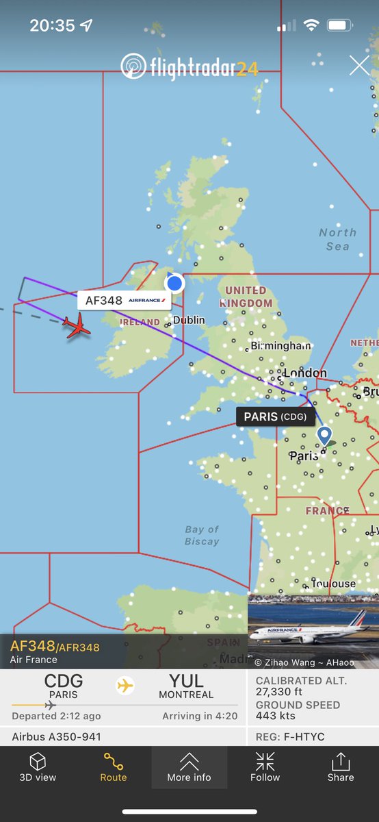 TheSnoopySnoop's tweet photo. ⚠️ #Squawk7700 ⚠️

#AF348 #AirFrance 
A350 F-HTYC

Declaring #Emergency after heading west over the Atlantic transiting Ireland

Routing #Paris to #Montreal 
Returning towards Europe at 30,000ft
Descending possibly to Shannon

#AvGeek #planespotting https://t.co/h4ZYSfeCqH
