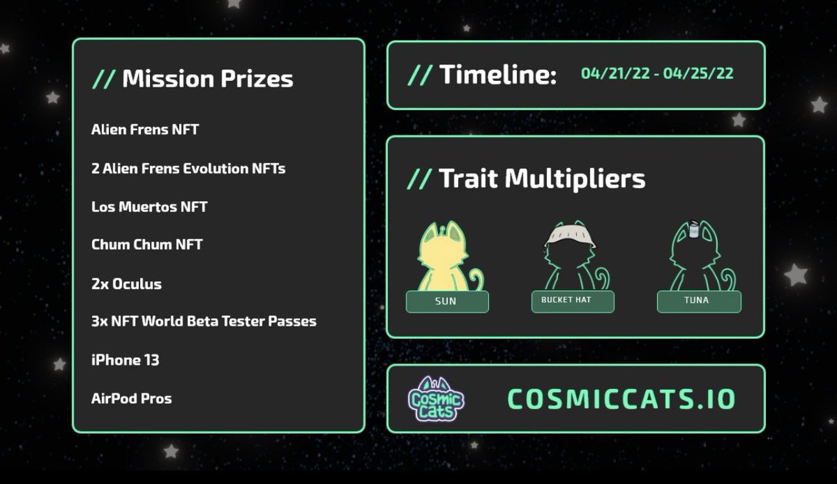 CosmicCats_'s tweet photo. Mission control goes live TODAY at 7PM EST! Who is ready to enlist their Cats &amp; win prizes! 🚀

If you have any of the trait multipliers for this week you can X3 your points! Mission control is just 1 of the many utilities for holding Cosmic Cats! 😼

#NFTCommmunity #NFTs https://t.co/gwrYy2ktHC