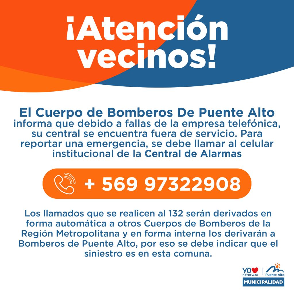 mpuentealto's tweet photo. ⚠️Atención vecin@s:
La central telefónica del Cuerpo de Bomberos 👩🏻‍🚒👨🏻‍🚒 de Puente Alto se encuentra fuera de servicio. En caso de algún siniestro llamar al: +569 97322908, indicando que está ocurriendo en la comuna.

#PuenteAlto #MPuenteAlto #Bomberos #Siniestro 
#CentralTelefónica https://t.co/c59tAv2Rl9