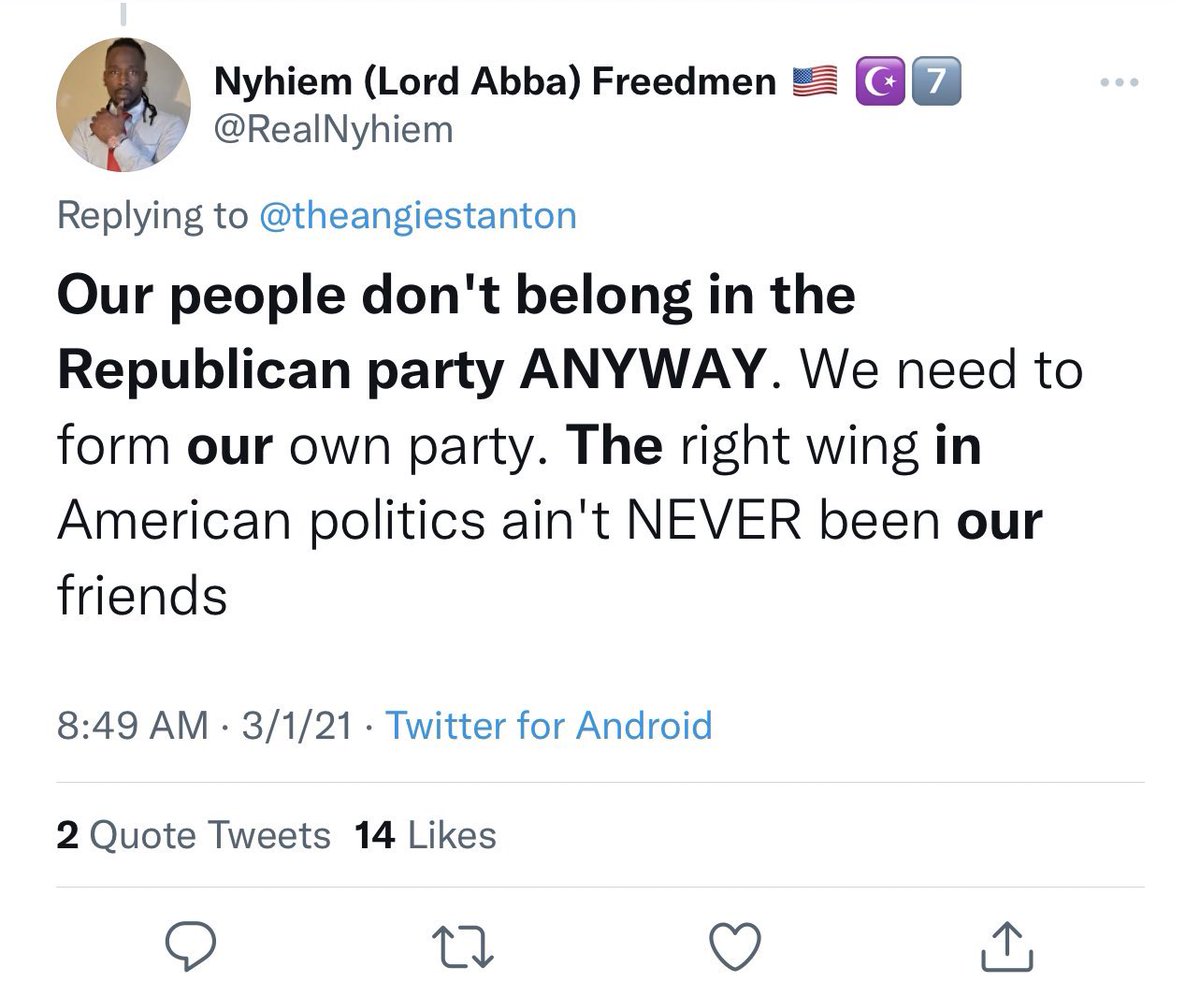 quantumblackne1's tweet photo. imagine calling yourself a Freedman Republican after tweeting this. 🤡 hold this L. y’all helped Kamilah take us back to being called Africans. #ADOS stands on a steady square. y’all wouldn’t understand. https://t.co/ngIiH90hY2