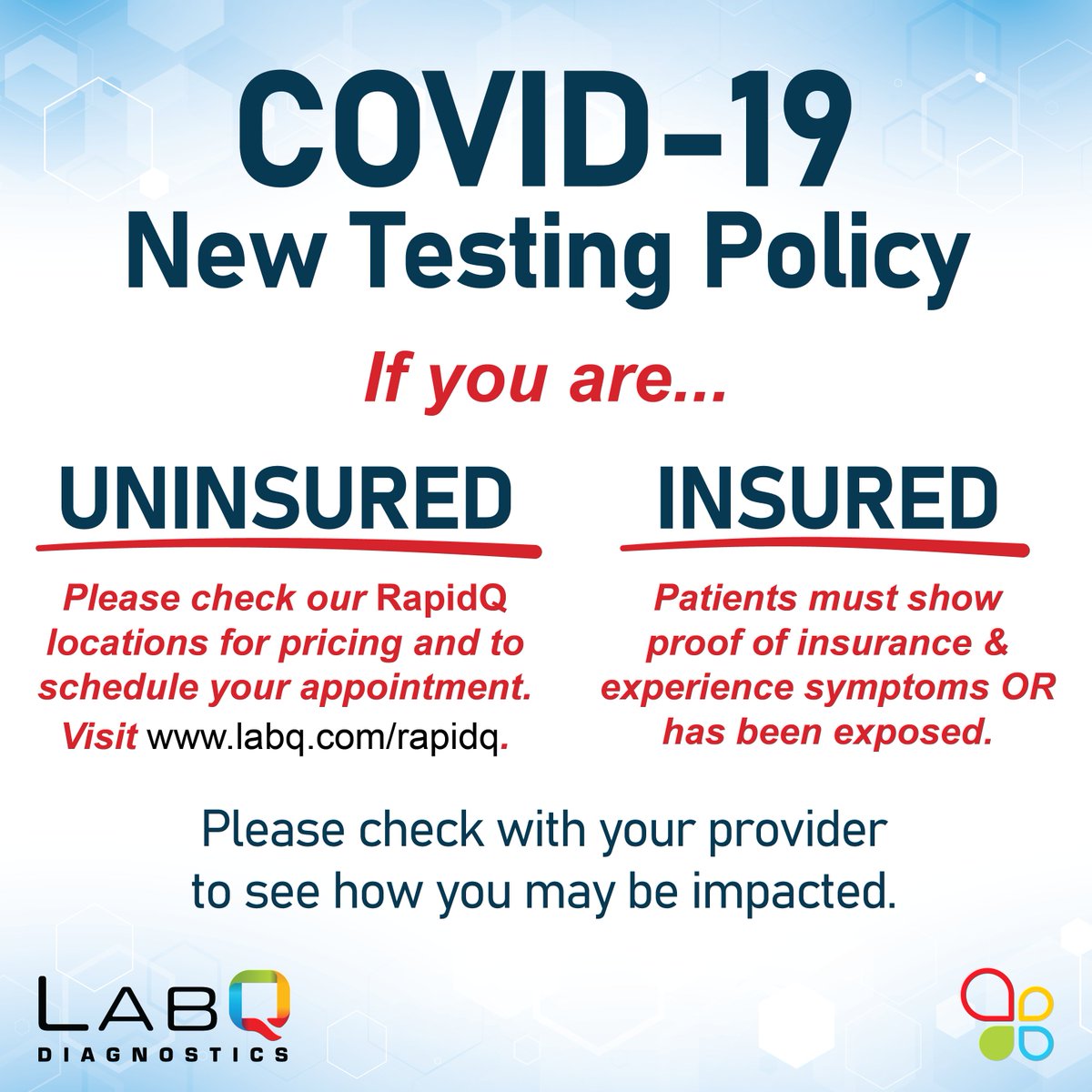 LabQ247's tweet image. 🚨 Update regarding our COVID-19 Testing Policy. Visit the link in our bio to for more information and to schedule an appointment.