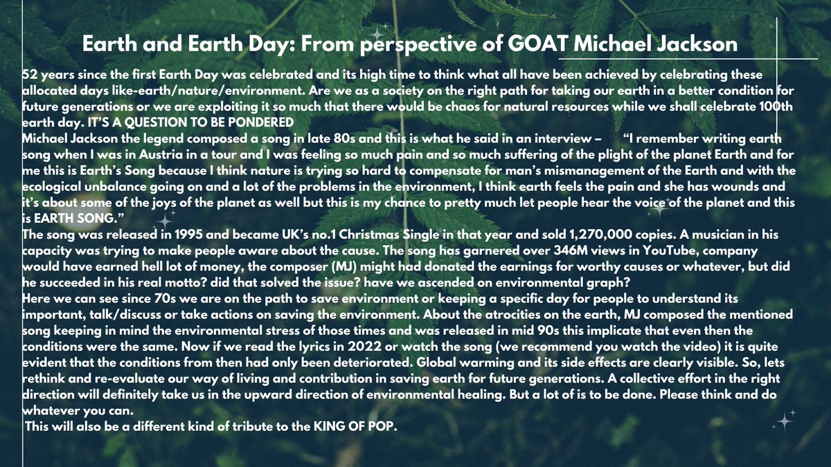 SustainableSap2's tweet photo. Hearing @michaeljackson's #Earthsong  today on #EarthDay2022 resonate the same feeling.Every line still makes sense:earth is still weeping,people are still dying,animals are still crying #EarthDay #ClimateActionNow #ClimateAction #UkraineUnderAttack @remodsouza #sustainability https://t.co/IS6tGXP0zq