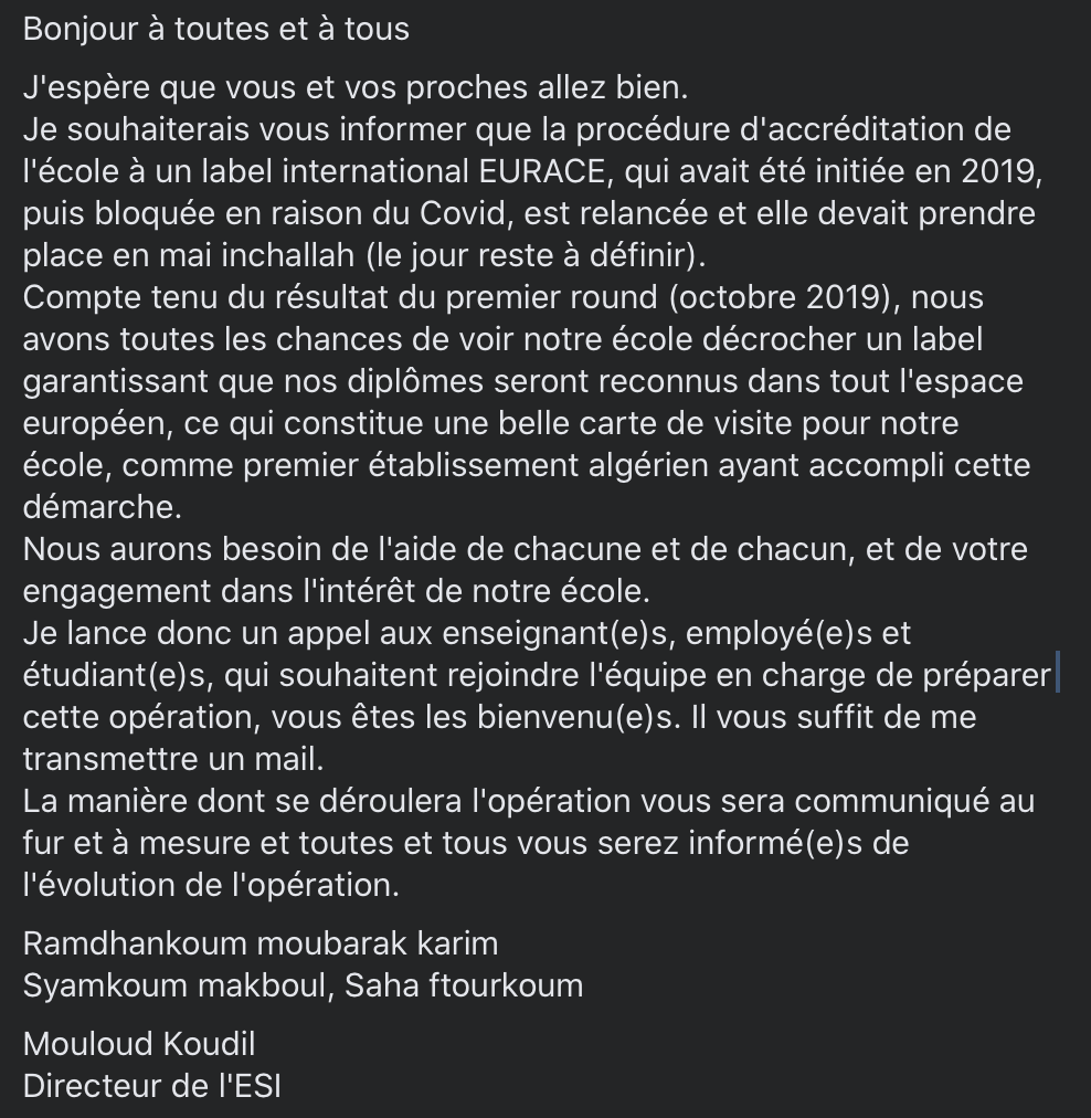 Message de Monsieur le directeur de l'école à propos le procédure d'accréditation de l'école
esi.dz