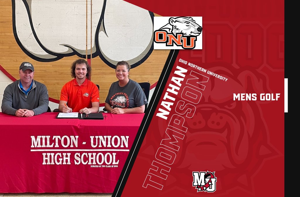 MUEVS_Super's tweet photo. Congratulations to Nathan Thompson on his next steps as a student-athlete at Ohio Northern University! Best wishes for continued success as an ONU Polar Bear...from Bulldog to Polar Bear but ALWAYS a Milton-Union Bulldog!  @ohionorthern @ONUsports #BulldogPride #ComMUnity https://t.co/UllqbeS5jP