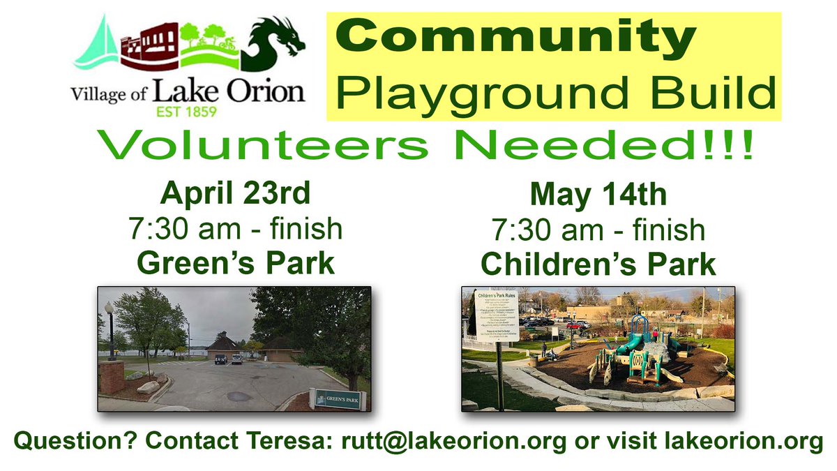 OrionONTV's tweet photo. Volunteers needed!! Community Playground Build, April 23rd &amp; May 14th. For more information visit:  https://t.co/cw0Rs9eC39 https://t.co/Ons7KtaHY3