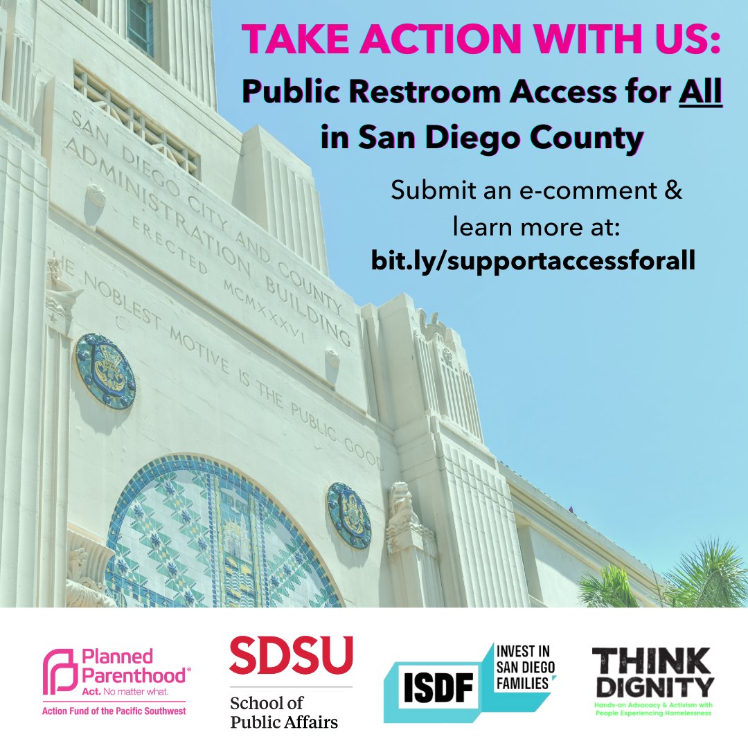 Access to safe and clean public restrooms is a matter of public health. We’re calling on the County of San Diego to improve access to public restroom facilities for all. Learn more and join us by submitting an e-comment today at bit.ly/supportaccessf…