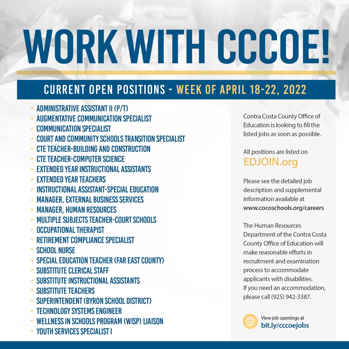 CoCoSchools's tweet photo. Work for Contra Costa County Office of Education (CCCOE)!
Below is a list of current open positions for CCCOE for the week of April 18-22, 2022.
View our jobs at https://t.co/R2IdBDtWKY.
#CCCOEAchieves #WeAreHiring #WorkwithCCCOE https://t.co/voykWwVQZX