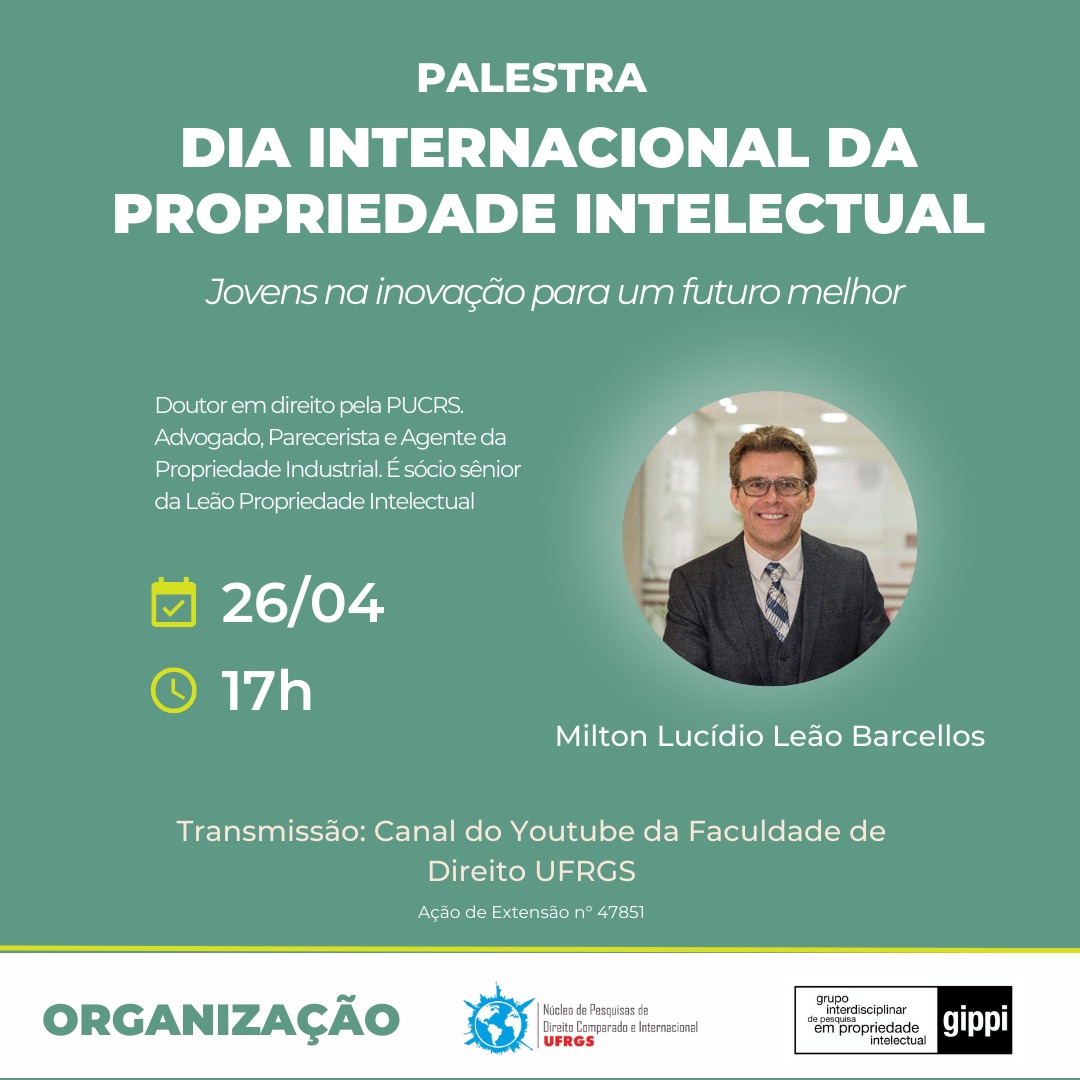 É com muito prazer e honra que estarei no dia 26.04.2022 celebrando o Dia Mundial da Propriedade Intelectual #WorldIPDay com colegas da notoriamente conhecida Universidade Federal do Rio Grande do Sul - UFRGS. O tema de 2022 é sobre os jovens na inovação para um futuro melhor.