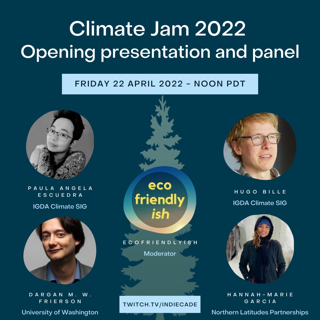 Tomorrow! Earth Day starts off our #ClimateJam22! Our kickoff panel starts at 1pm PT on twitch.tv/indiecade with 

🌍 <a href="/paulagize/">Paula Escuadra</a> <a href="/HugoBille/">🌍Hugo Bille</a> of <a href="/IGDAClimateSIG/">IGDA Climate SIG</a>
🌎 @DarganF of <a href="/EarthGamesUW/">EarthGames</a> 
🌏 <a href="/HMGarcia_/">Hannah-Marie Garcia</a> of Northern Latitudes Partnerships

🌱<a href="/ecofriendlyish/">ecofriendlyish</a> moderates!