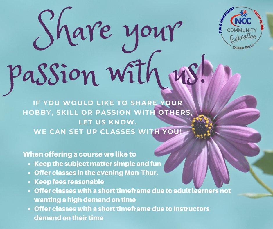 communityedNCC's tweet photo. If you would like to share your skills, hobbies or passion with others, come have a class with NCC Community Ed.
It's simpler than you think and the amount of commitment is up to you and you do get paid for your time!
#letslearnmore #communityeducation #shareyourknowledge https://t.co/hqjCgQfTv4
