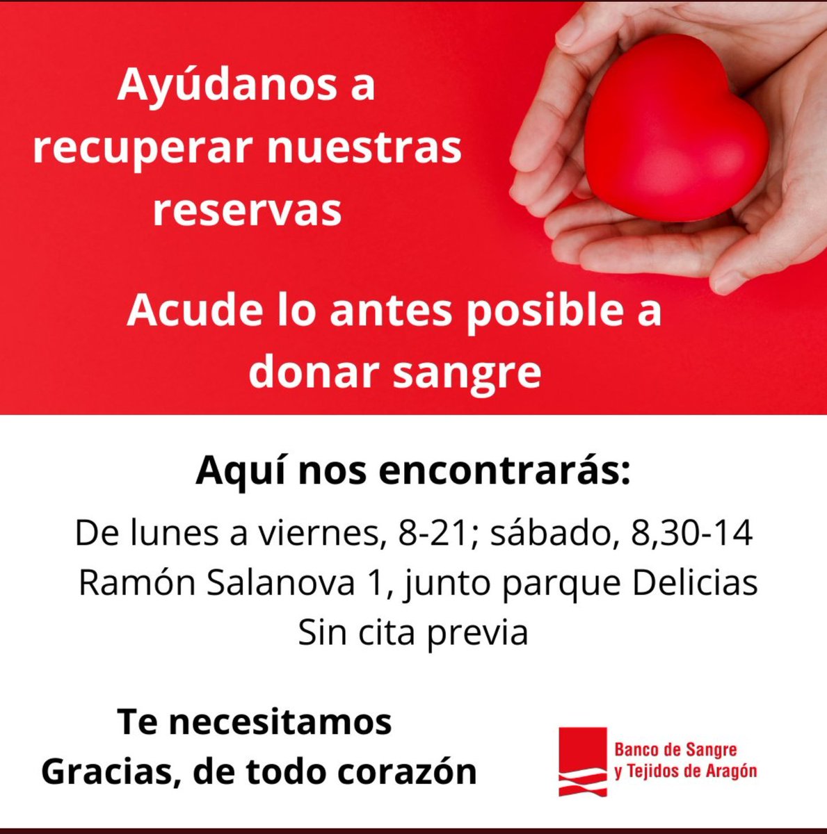NazarenosZgz's tweet photo. AYUDA 

El Banco de Sangre de Aragón necesita recuperar RESERVAS.

c/ Ramón Salanova, 1. De 8 a 21h de L. a V. Sábados de 8,30 a 14h 
 
Donar sangre es imprescindible para salvar vidas y mejorar la calidad de vida de miles de personas afectadas por enfermedades o accidentes. 💜 https://t.co/dTYuzoT8IH