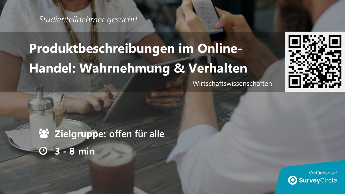 daily_research's tweet image. Teilnehmer für Online-Studie gesucht!

Thema: &quot;Produktbeschreibungen im Online-Handel: Wahrnehmung &amp;amp; Verhalten&quot; surveycircle.com/3BP79V/ via @SurveyCircle

#online #werbung #produktbeschreibung #bachelorthesis #umfrageteilnehmer #umfrage #surveycircle