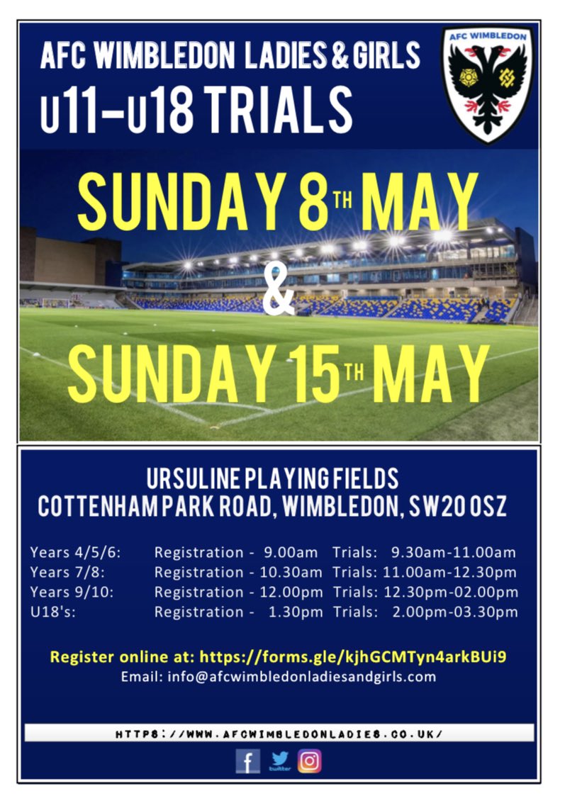 AFC Wimbledon Girls are excited to announce trial dates for the 2022/2023 season. Click on the following link to register forms.gle/kjhGCMTyn4arkB…