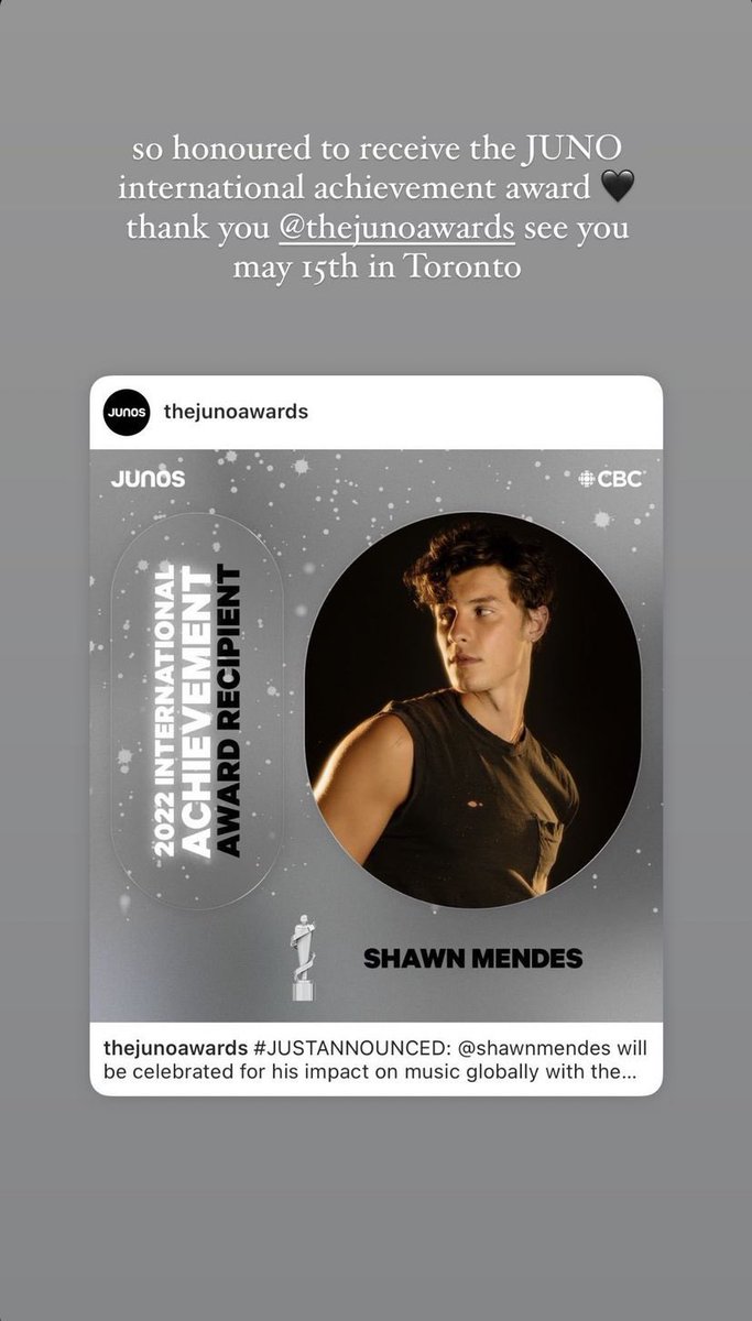 📷: thejunoawards &amp; shawnmendes via instagram e twitter. 

Shawn "será premiado por seu impacto globalmente na música com o JUNO International Achievement Award."