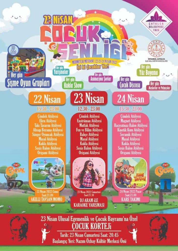 📌 Çömlek atölyesi 
📌 Ebru atölyesi
📌 Ahşap boyama atölyesi
📌 Sünger oyuncak atölyesi
📌 Masal atölyesi

Ve çok daha fazlası… Nerede? 
Tabii ki #Çatalca’da 🎈

#23NisanCocukSenliğiÇatalca 
<a href="/tcmeb/">Millî Eğitim Bakanlığı</a> <a href="/memleventyazici/">Levent Yazıcı</a> <a href="/ist_arge/">İSTANBUL MEM AR-GE</a> <a href="/TayfunOzyolcu/">Tayfun ÖZYOLCU</a> <a href="/GCatalca/">Çatalca Kaymakamlığı</a> <a href="/catalcabeld/">Çatalca Belediyesi</a> <a href="/uner_mesut/">Mesut Üner</a>