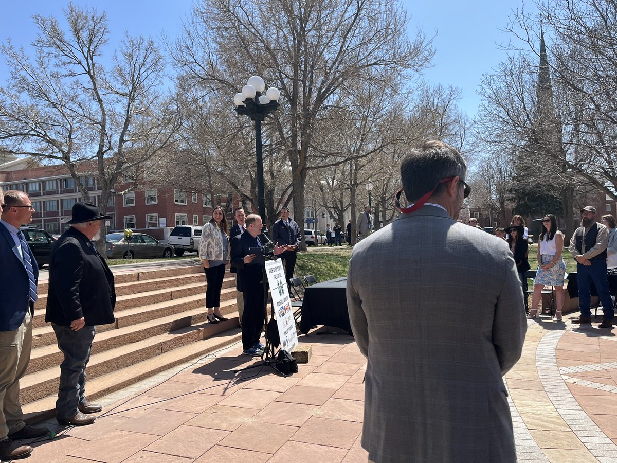 Gov. Polis signs Habitat Partnership Program bill (reauthorization of this popular program) and Public School Hunter Education Seventh Grade Course bill on the East Lawn of State Capitol following a wild game lunch attended by sportspersons and numerous legislators.