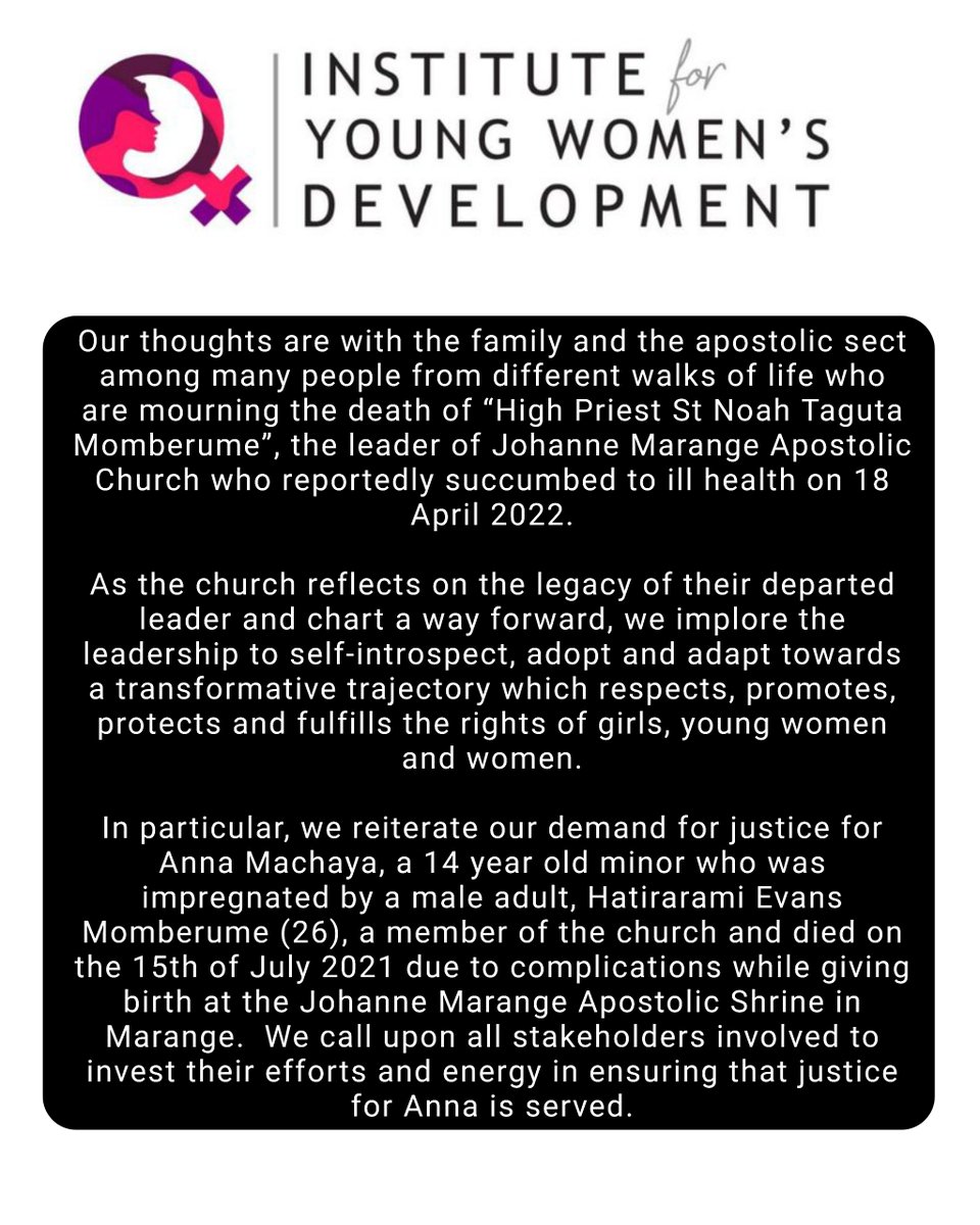 Young Women (@youngwomeninst) on Twitter photo Mourn, Reflect & Ensure Justice #AnnaMachaya <a href="/UNTrustFundEVAW/">UN Trust Fund to End Violence against Women</a> <a href="/unwomenzw/">UN Women Zimbabwe</a> <a href="/UNICEFZIMBABWE/">UNICEF ZIMBABWE</a> <a href="/DiakoniaAfrica/">DiakoniaAfrica</a> <a href="/NewsDayZimbabwe/">NewsDay Zimbabwe</a> <a href="/HivosWiL/">Hivos-Women Empowerment</a> @WLSAZW <a href="/Girlslegacy/">Girls legacy</a> @dawa_agenda <a href="/AfriWomenLead/">African Women Leaders Forum</a> @WLSAZW <a href="/glanyline/">Glanis Changachirere</a> <a href="/sandyzenda/">Sandra Rutendo Zenda</a> <a href="/MoJLPA/">Ministry of Justice, Legal & Parliamentary Affairs</a> <a href="/kubatana/">Kubatana</a> <a href="/263Chat/">263Chat.com 🇿🇼</a> <a href="/bustoptv/">#10thAnniversary</a> <a href="/kmunemo/">Kudakwashe Munemo</a> <a href="/NLikiripa/">Nancy Likiripa</a> <a href="/citezw/">CITE</a> Mourn, Reflect & Ensure Justice #AnnaMachaya <a href="/UNTrustFundEVAW/">UN Trust Fund to End Violence against Women</a> <a href="/unwomenzw/">UN Women Zimbabwe</a> <a href="/UNICEFZIMBABWE/">UNICEF ZIMBABWE</a> <a href="/DiakoniaAfrica/">DiakoniaAfrica</a> <a href="/NewsDayZimbabwe/">NewsDay Zimbabwe</a> <a href="/HivosWiL/">Hivos-Women Empowerment</a> @WLSAZW <a href="/Girlslegacy/">Girls legacy</a> @dawa_agenda <a href="/AfriWomenLead/">African Women Leaders Forum</a> @WLSAZW <a href="/glanyline/">Glanis Changachirere</a> <a href="/sandyzenda/">Sandra Rutendo Zenda</a> <a href="/MoJLPA/">Ministry of Justice, Legal & Parliamentary Affairs</a> <a href="/kubatana/">Kubatana</a> <a href="/263Chat/">263Chat.com 🇿🇼</a> <a href="/bustoptv/">#10thAnniversary</a> <a href="/kmunemo/">Kudakwashe Munemo</a> <a href="/NLikiripa/">Nancy Likiripa</a> <a href="/citezw/">CITE</a>