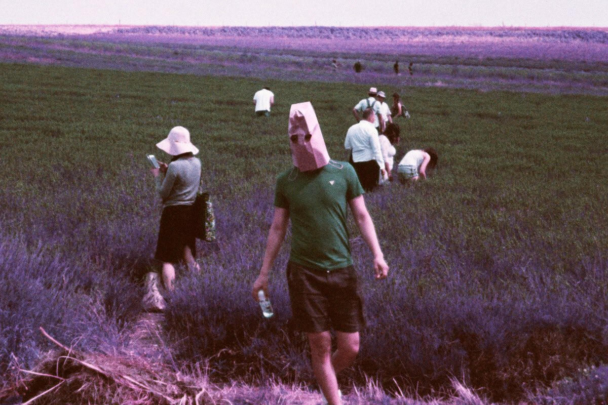 nickpage's tweet image. Man with bag on head. Lomography Lomochrome Purple 35mm film. #heylomography #35mm #filmphotography