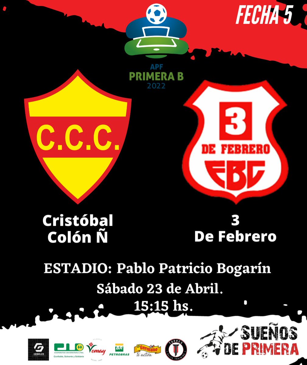 #PrimeraB | #Fecha5

📅 Sábado 23 de Abril.

✅ <a href="/cccnemby1925/">Club Cristobal Colón de Ñemby</a> 🆚️ <a href="/3deFebreroFBC/">3 de Febrero F.B.C</a>

⏰ 15:15 hs.

🏟️ Pablo Patricio Bogarín.
 
🗣 Ángel Brítez. 

🚩 José Ocampo y Jorge Molas.

👤 José Cuenca.

#SerDePrimera