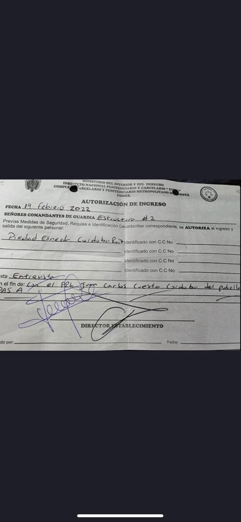Esta es la copia del registro de entrada de Piedad Cordoba a la cárcel, el pasado 22 de febrero para entrevistarse con Juan Carlos Cuesta, un narco del clan del Golfo.