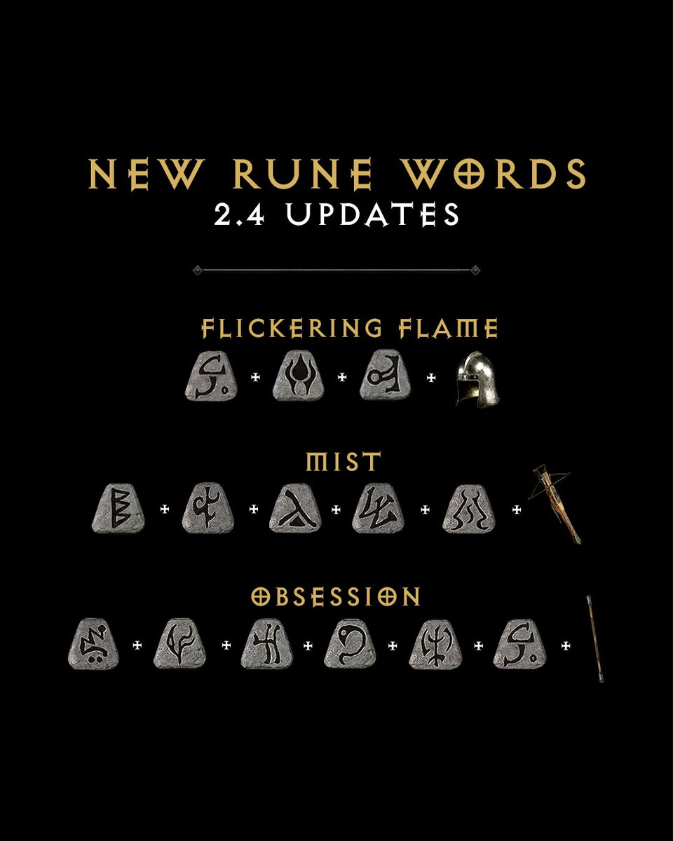 Image says "New Rune Words. 2.4 Updates". Below are the following Rune Words with their required components to transmute them: 

Flickering Flame

Mist

Obsession

Plague

Pattern

Unbending Will

Wisdom