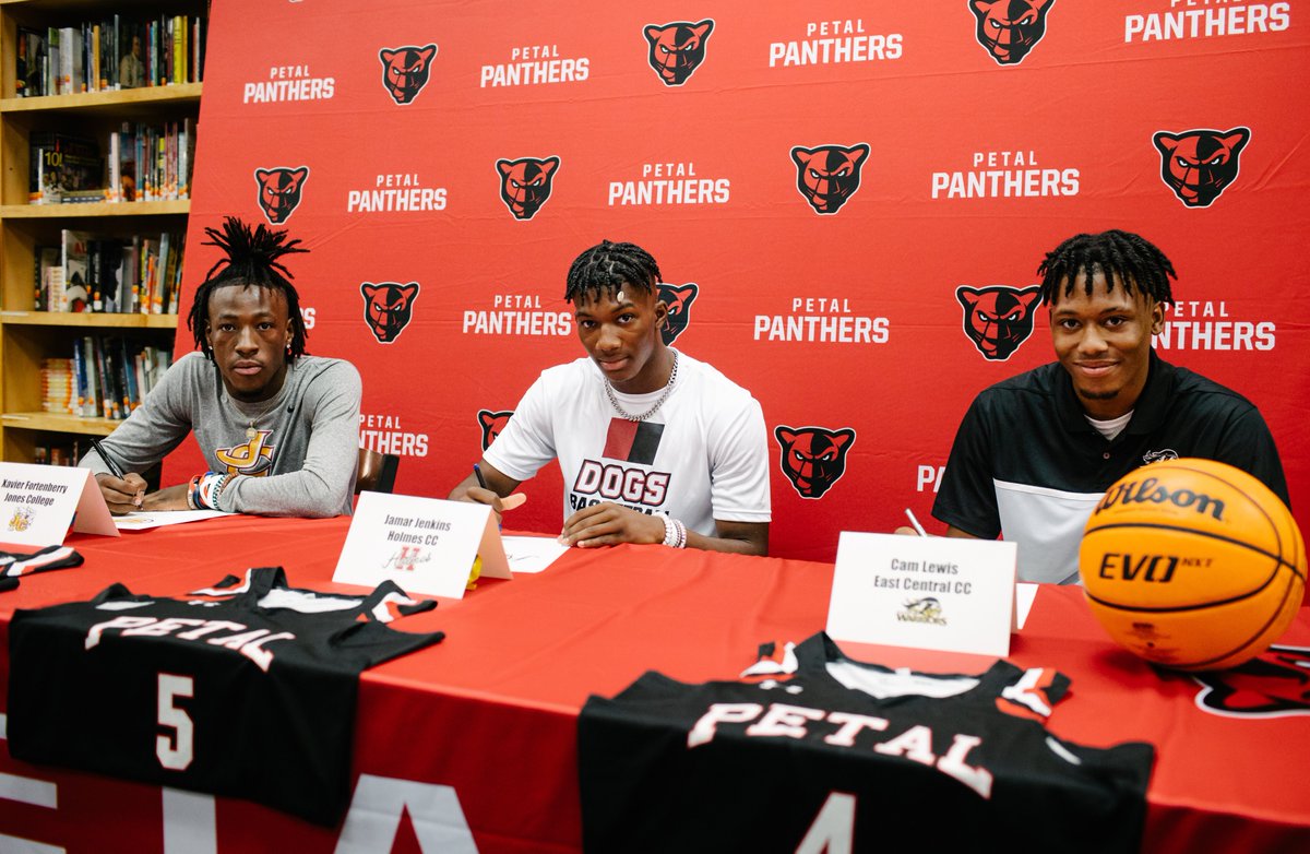 petalschools's tweet photo. Congratulations to Petal High School seniors Xavier Fortenberry who signed a basketball scholarship with Jones College, Jamar Jenkins who signed with Holmes Community College & Cam Lewis who signed with East Central Community College. #PantherProud #TransformThrive https://t.co/uJPdwOrJF3