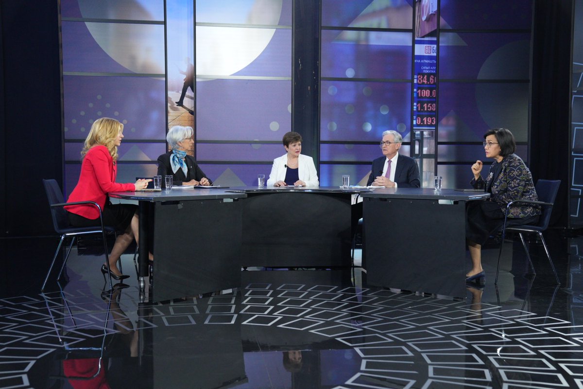KGeorgieva's tweet photo. Thank you, @miaamormottley, @Lagarde, Jerome Powell, and Sri Mulyani, for the powerful &amp; thought-provoking conversation today! And thanks, as always, to @SaraEisen for moderating our debate on #GlobalEcon. [2/2] https://t.co/cH6hc0Ga4t