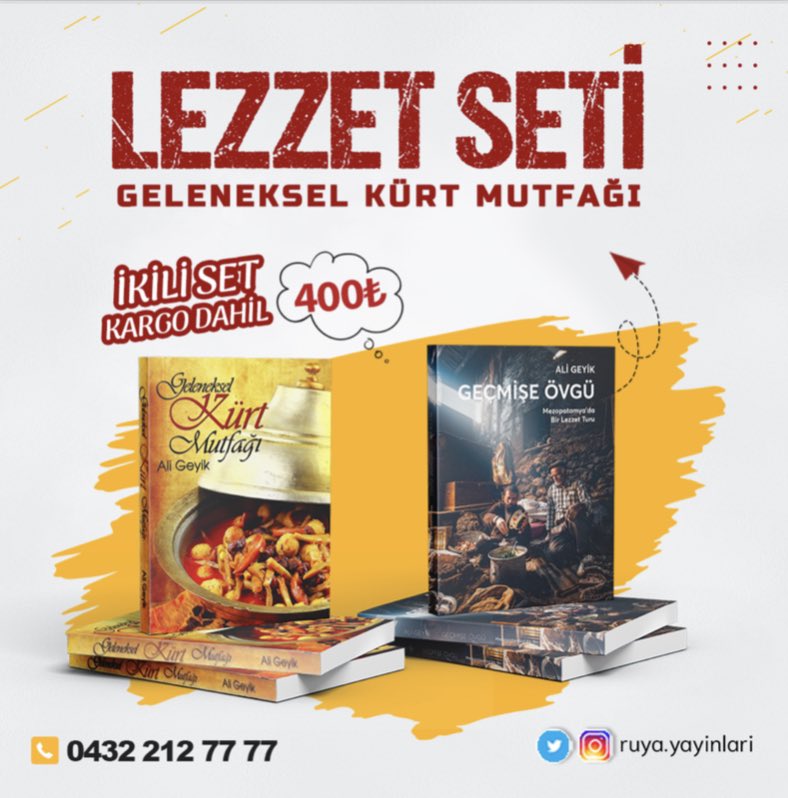 Ali Geyik’in Mezopotamya mutfak kültürünü birbirinden lezzetli tariflerle anlattığı “Geleneksel Kürt Mutfağı” ve  “Geçmişe Övgü Mezopotamya’da Bir Lezzet Turu” kitapları okuyucularıyla buluşmaya hazır!
<a href="/geyikali/">ali geyik</a> <a href="/higuray65/">Halil İbrahim GÜRAY</a> <a href="/vanbuyuksehirbb/">T.C. Van Büyükşehir Belediyesi</a> <a href="/ibrahimlorya/">Dr. Îbrahîm Mîrza Ph.D</a> <a href="/TC_DAKA/">DAKA</a> <a href="/vantsokurumsal/">Van Ticaret ve Sanayi Odası</a>