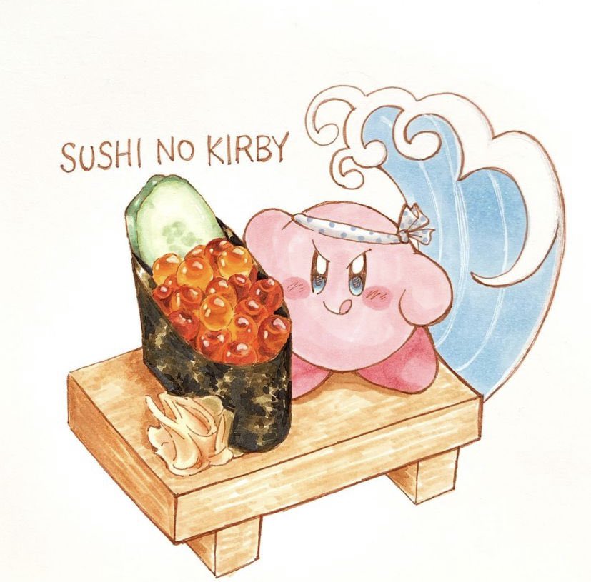 kirby sushi food tongue no humans tongue out blue eyes white background  illustration images
