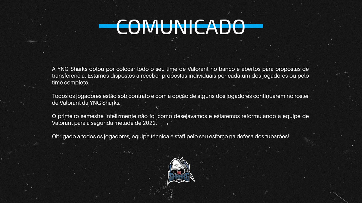 sharksesportsgg's tweet image. Comunicado sobre o futuro da line-Up Valorant.