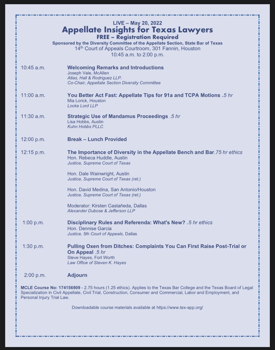 SBOT App Section (@texapporg) on Twitter photo Appellate Insights for Texas Lawyers 💯
📅 5/20
📍 14th CoA Courtroom
⌚️ 10:45–2:00
• Current #SCOTX J. <a href="/rebecaahuddle/">Rebeca Huddle</a> & fmr SCOTX JJ. David Medina & <a href="/WainwrightDale/">Dale Wainwright</a>
• Dallas CoA J. <a href="/kdgarcia/">Karen</a>
• <a href="/texapp/">Kirsten Castaneda</a> <a href="/sknowleshayes/">Steven K. Hayes</a> <a href="/lilho_atx/">Lisa Hobbs</a> <a href="/MiaLorick/">Mia</a> <a href="/JosephVale/">Joseph Vale</a>
docs.google.com/forms/d/e/1FAI… Appellate Insights for Texas Lawyers 💯
📅 5/20
📍 14th CoA Courtroom
⌚️ 10:45–2:00
• Current #SCOTX J. <a href="/rebecaahuddle/">Rebeca Huddle</a> & fmr SCOTX JJ. David Medina & <a href="/WainwrightDale/">Dale Wainwright</a>
• Dallas CoA J. <a href="/kdgarcia/">Karen</a>
• <a href="/texapp/">Kirsten Castaneda</a> <a href="/sknowleshayes/">Steven K. Hayes</a> <a href="/lilho_atx/">Lisa Hobbs</a> <a href="/MiaLorick/">Mia</a> <a href="/JosephVale/">Joseph Vale</a>
docs.google.com/forms/d/e/1FAI…