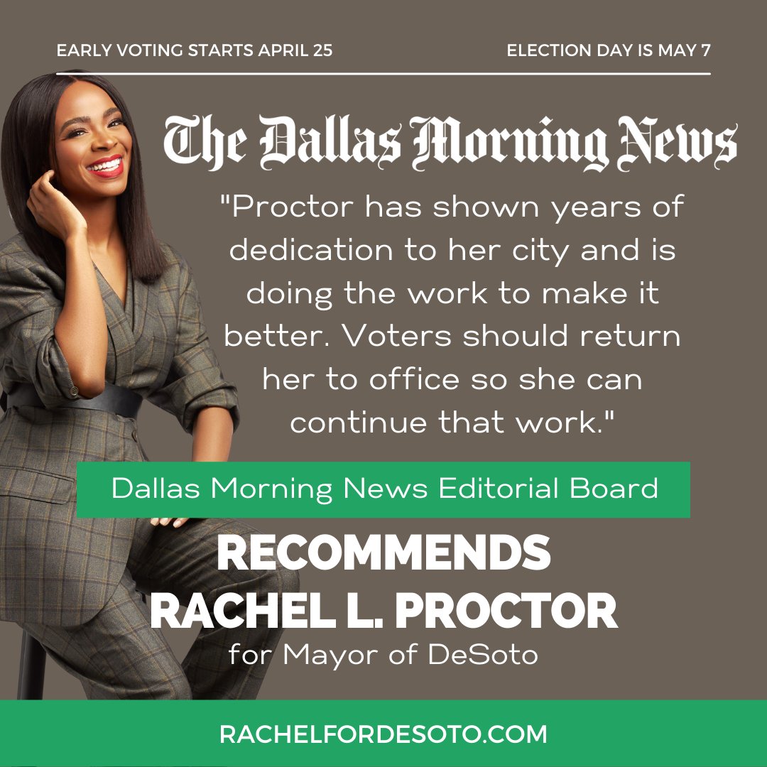 rachellproctor's tweet photo. 🚨 ENDORSEMENT ALERT
The @dallasnews Editorial Board RECOMMENDS Rachel Proctor for DeSoto Mayor!
"DeSoto has long been a city with great potential. To make the most of its opportunities, it needs strong leadership, and we believe that it has that in Mayor Rachel Proctor.
👇🏽 https://t.co/exiitM4dNC