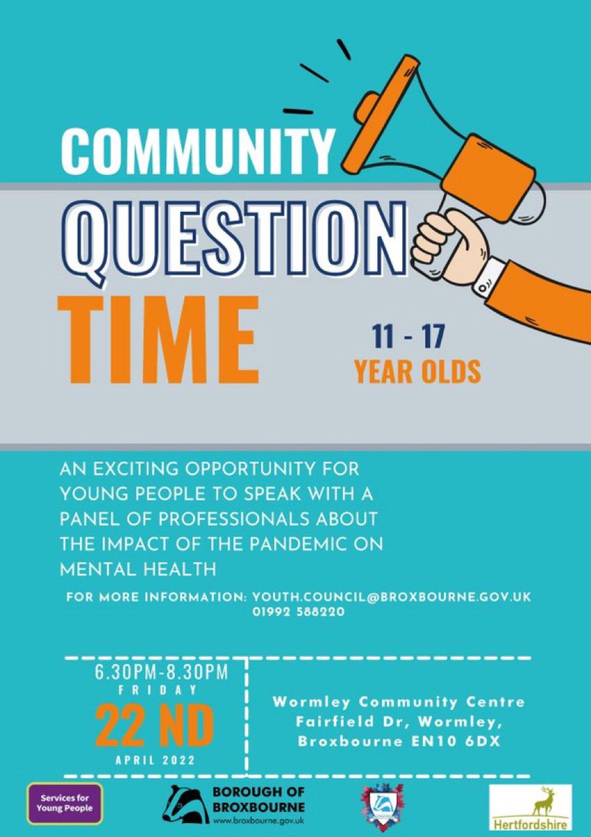 The Broxbourne Youth Council will be hosting a Community Question Time event tomorrow.
We have a panel of experts including Sir Charles Walker MP and Dr Jim McManus, Director of Public Health.
For more information, get in touch with us youth.council@broxbourne.gov.uk