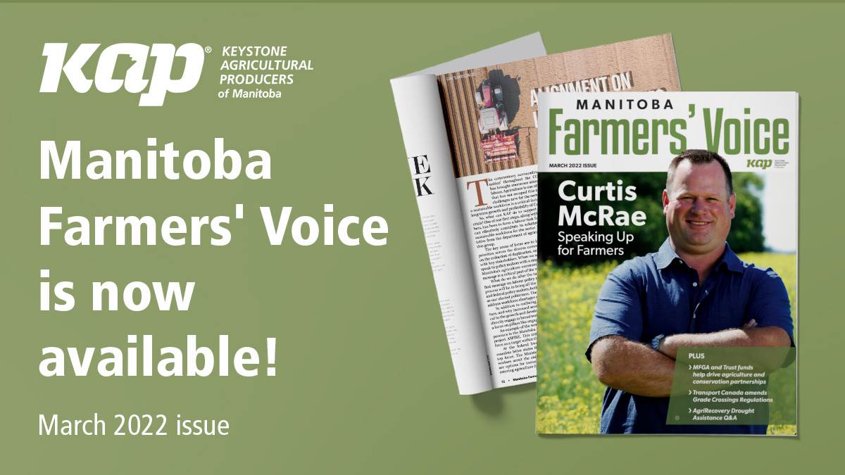 The March 2022 issue of Manitoba Farmers' Voice is now available! 

Check out the latest issue to learn more about MFGA’s leading involvement in the GROW Program, Transport Canada’s Grade Crossing Regulation amendment, AgriRecovery info and more!

LINK: lesterfiles.com/pubs/KAP/2022/…